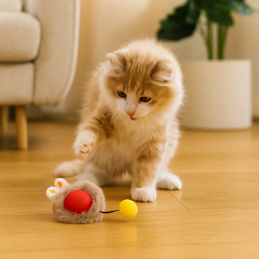Kattelegetøj Bold med pels ⎜ Bidfast hoppebold til selvunderholdning og aktiv leg