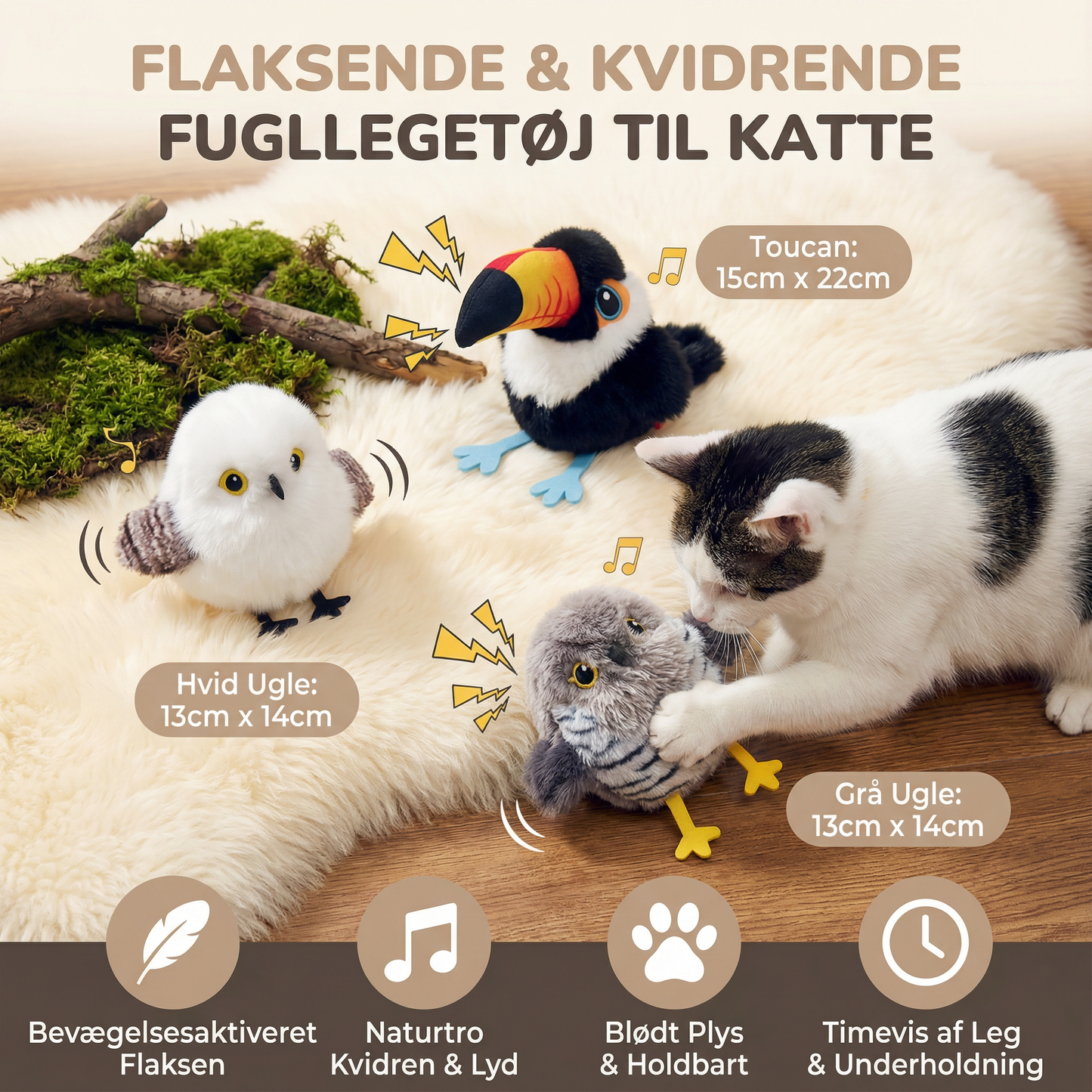 Flaksende og kvidrende fuglelegetøj til katte