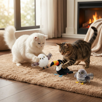 Flaksende og kvidrende fuglelegetøj til katte