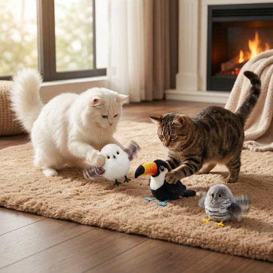 Flaksende og kvidrende fuglelegetøj til katte